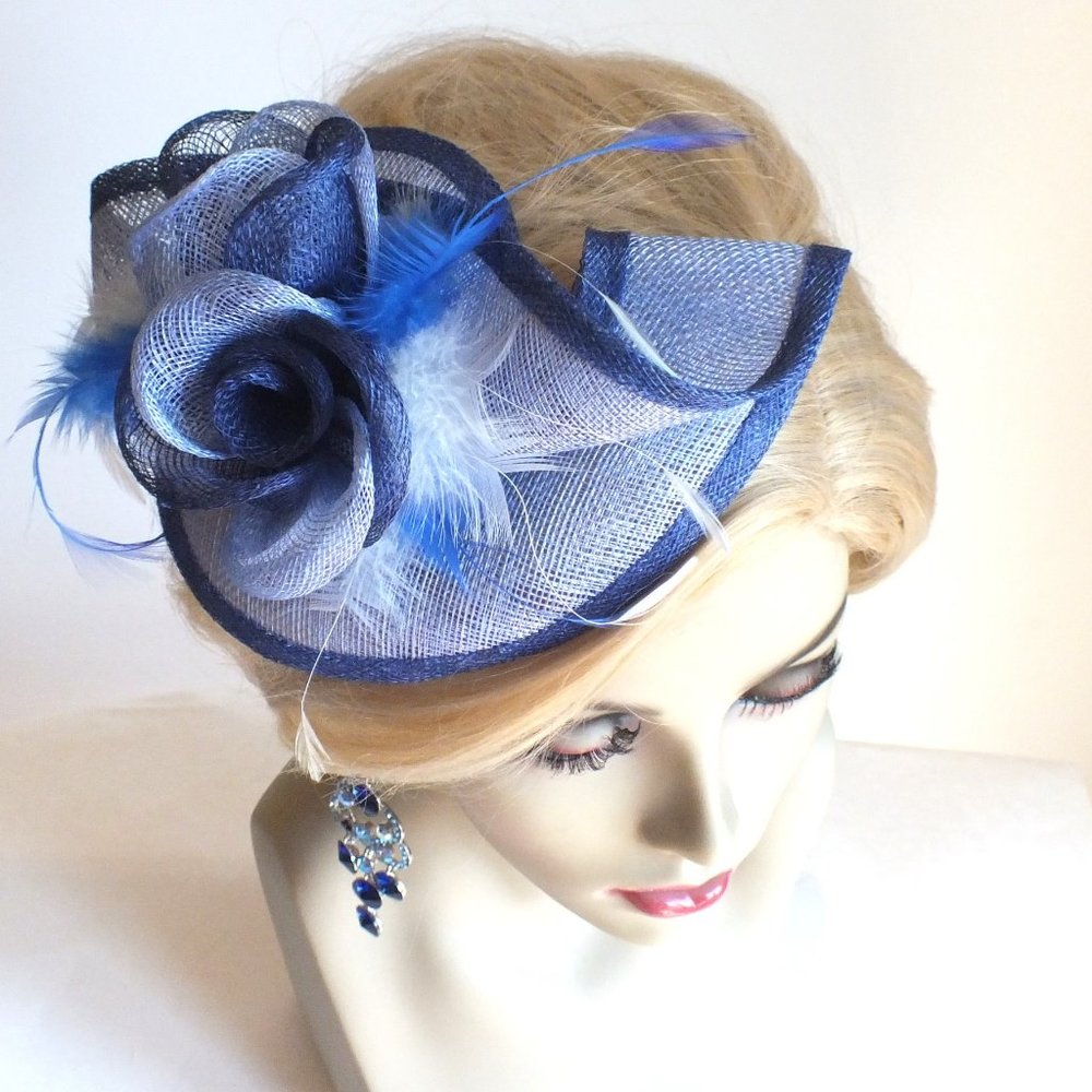 Blue Sinamay Comb Fascinator With Sinamay Rosettes and Blue White Feathers